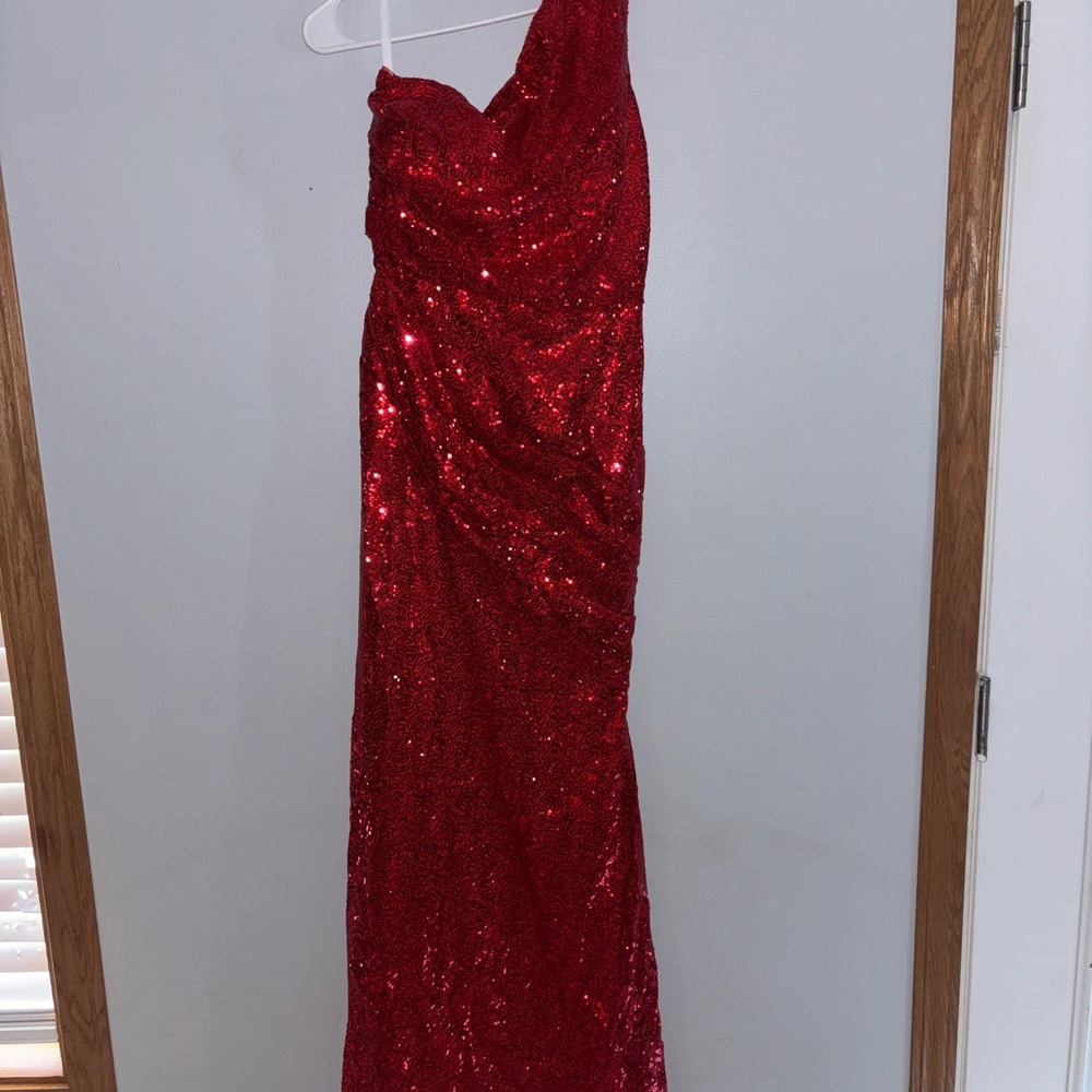 Red Sequin One-Shoulder Evening Gown